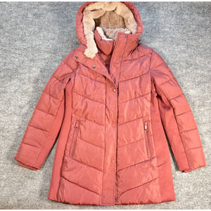 Andrew Marc Womens Medium Hooded Puffer Coat Faux Fur Lined Rose Mauve
